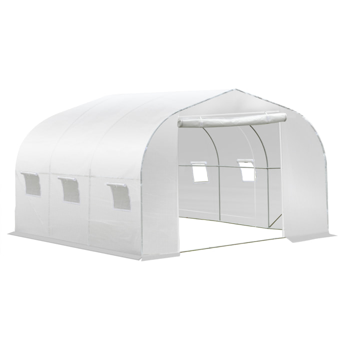 Serre tunnel de jardin dim. 3,5L x 3l x 2H m porte + 6 fenêtres enroulables acier galvanisé bâche PE haute densité blanc