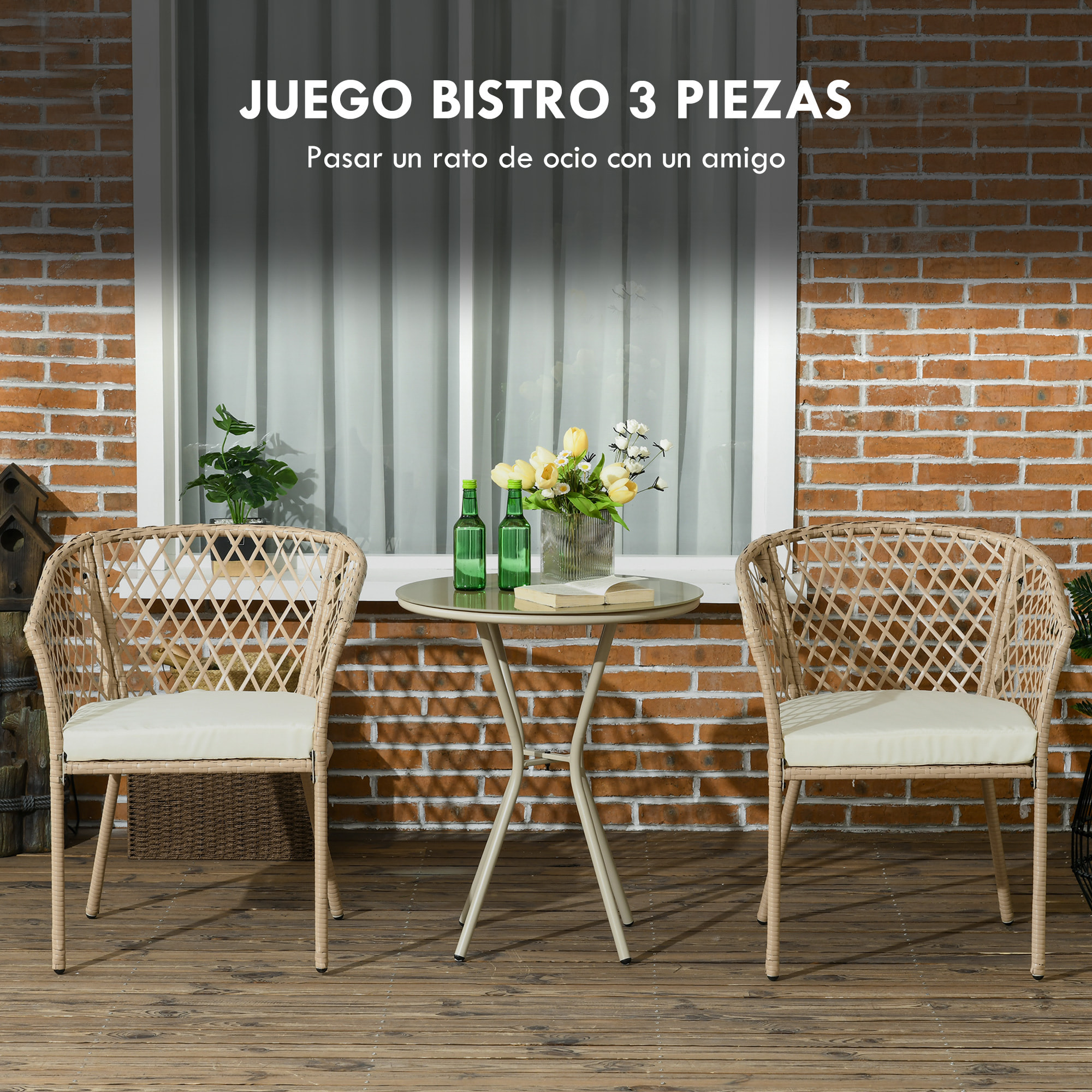 Conjunto de Mesa y 2 Sillas de Jardín Juego de 3 Piezas Sillas y Mesa de Ratán con 2 Sillas y 1 Mesa de Centro Redondo para Terraza Césped Balcón Caqui
