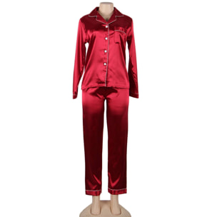 Conjunto de dos piezas ropa de dormir de seda clásica de manga larga rojo