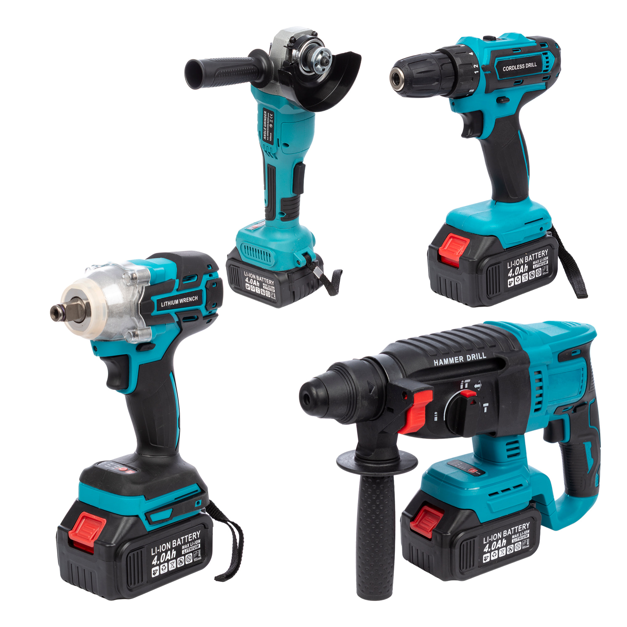 Set di 4 strumenti elettrici, smerigliatrice angolare, martello perforatore, trapano e chiave a impatto.