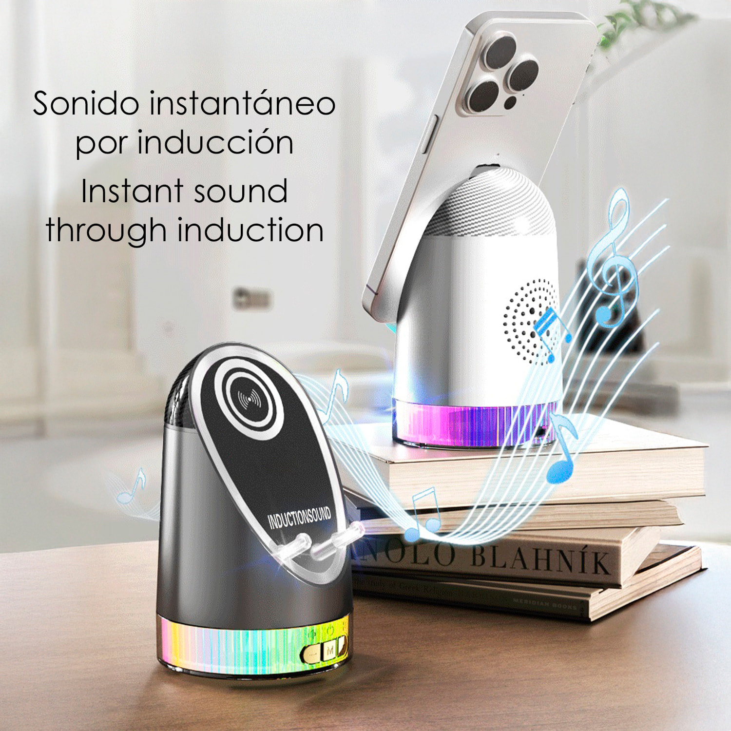 Altoparlante H48 con tecnologia di induzione intelligente che amplifica il suono posizionando il mobile sopra. Con Bluetooth e luci LED multicolori.