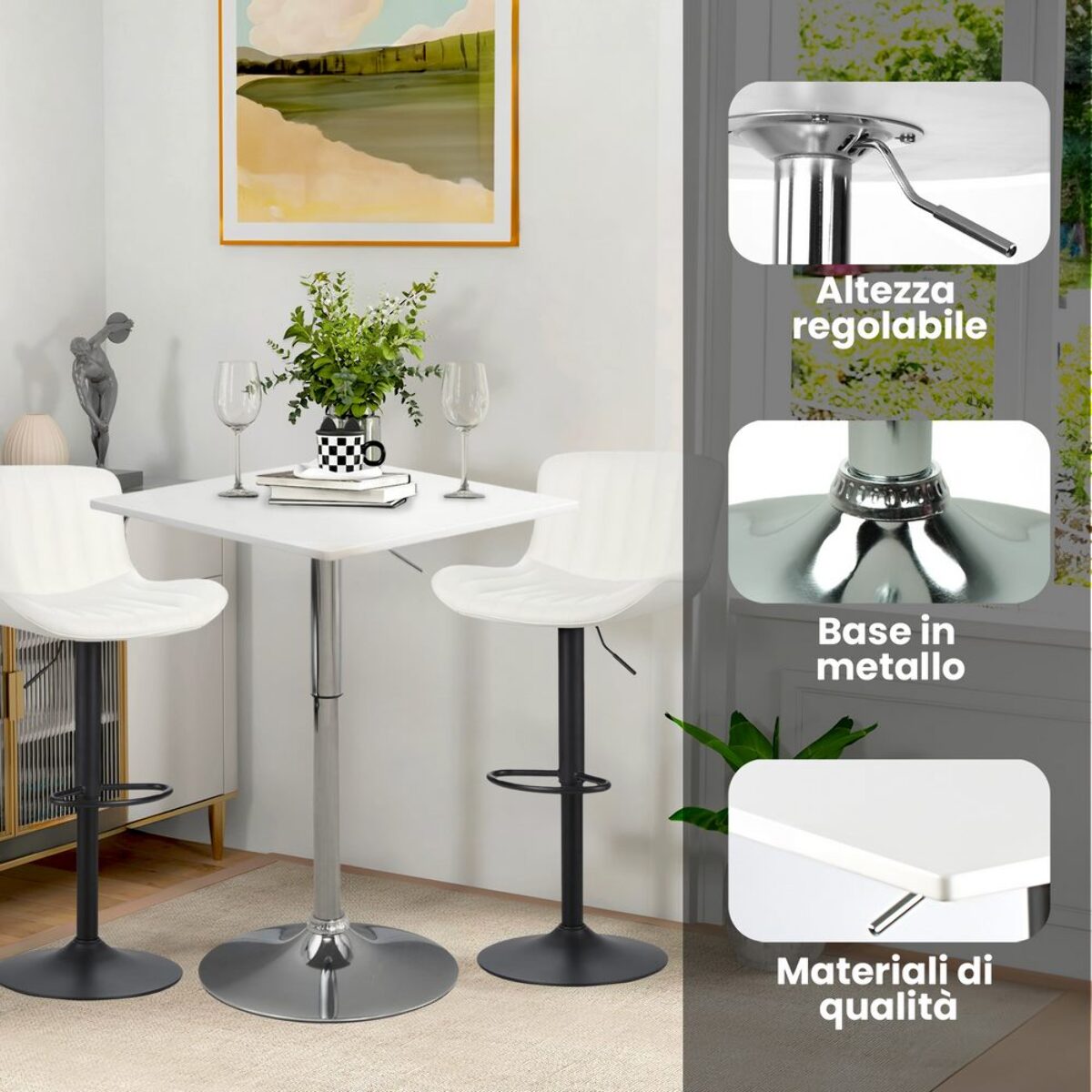 Tavolino alto da bar quadrato regolabile in altezza bianco - Lima