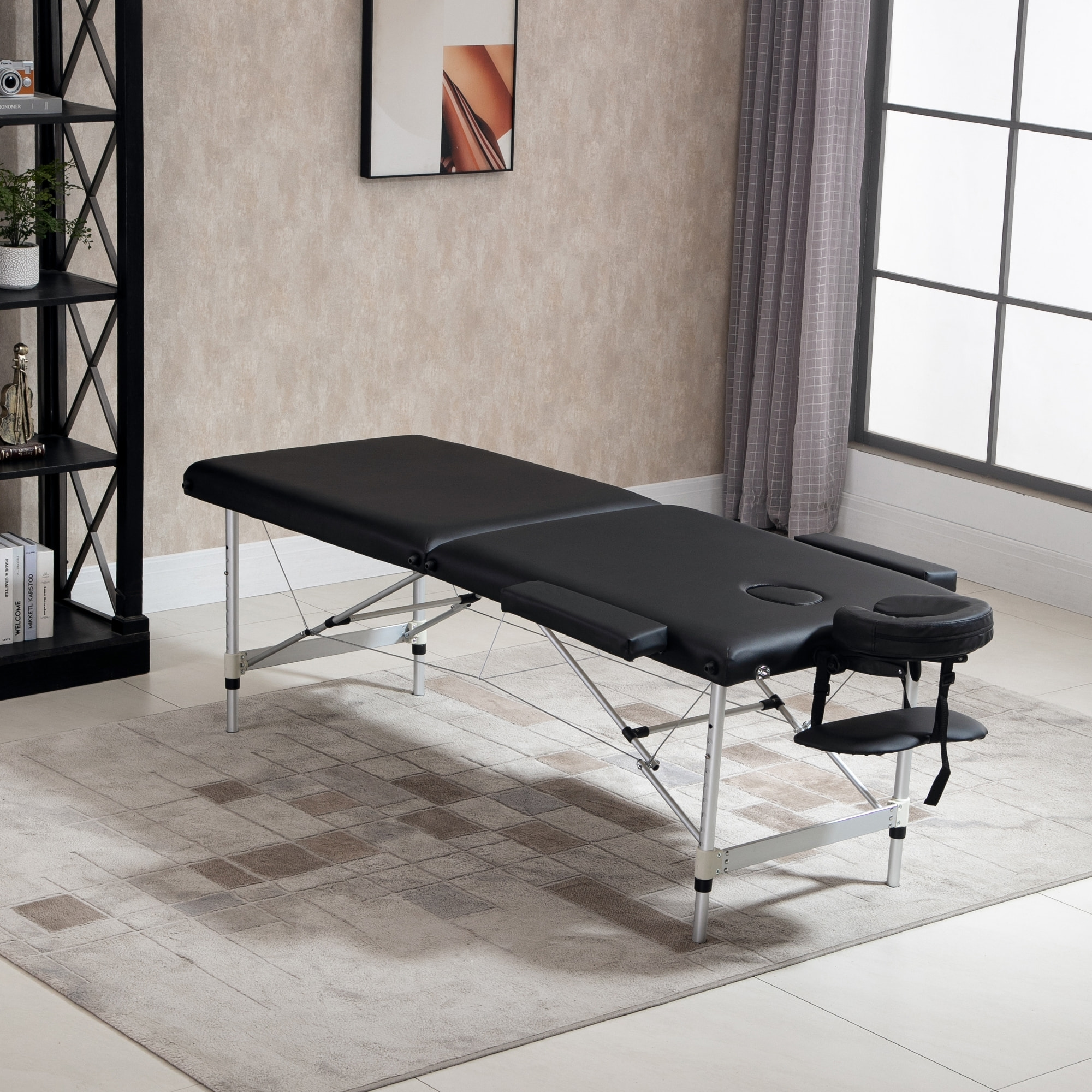 Table de massage pliable 3 zones hauteur réglable dim. 185L x 70l x 59-84H cm sac transport alu. synthétique PVC noir