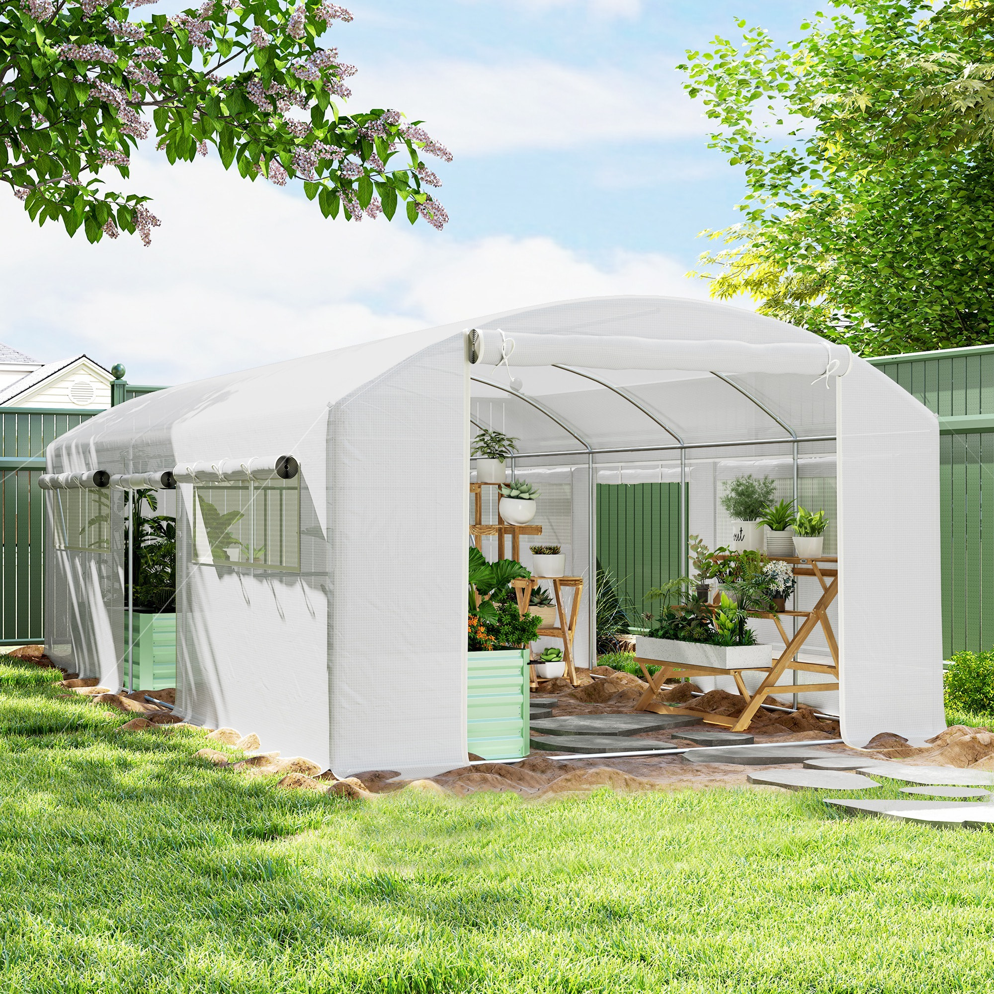 Invernadero de Exterior 6x3x2 m Invernadero de Túnel con 6 Ventanas de Malla Cubierta de PE Anti-UV y 3 Puertas Enrollables con Cremallera Invernadero para Jardín Patio Blanco