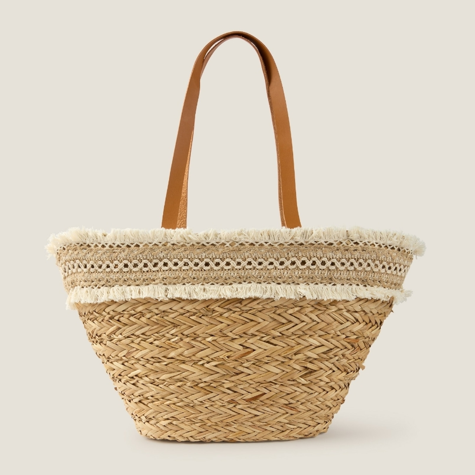 Capazo playa fibras naturales y cinta decorativa Becca color marfil natural