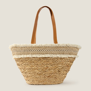 Capazo playa fibras naturales y cinta decorativa Becca color marfil natural