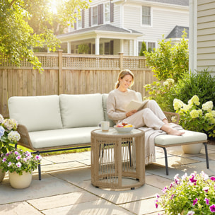 Conjunto de Muebles de Jardín Exterior de Ratán Juego de 3 Piezas Muebles de Terraza con Sofá de 2 Plazas Chaise Longue Cojines y Mesa Auxiliar de Tablero de Vidrio para Patio Crema y Natural