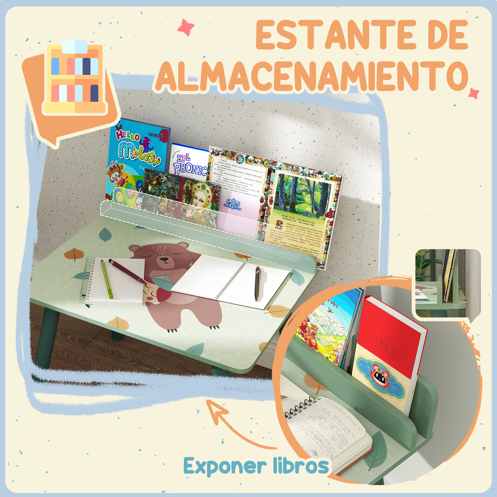 Mesa y Silla Infantiles de 2 Piezas Mesa Infantil con Silla y Estante para Libros Escritorio para Niños de +3 Años para Sala de Juegos Verde