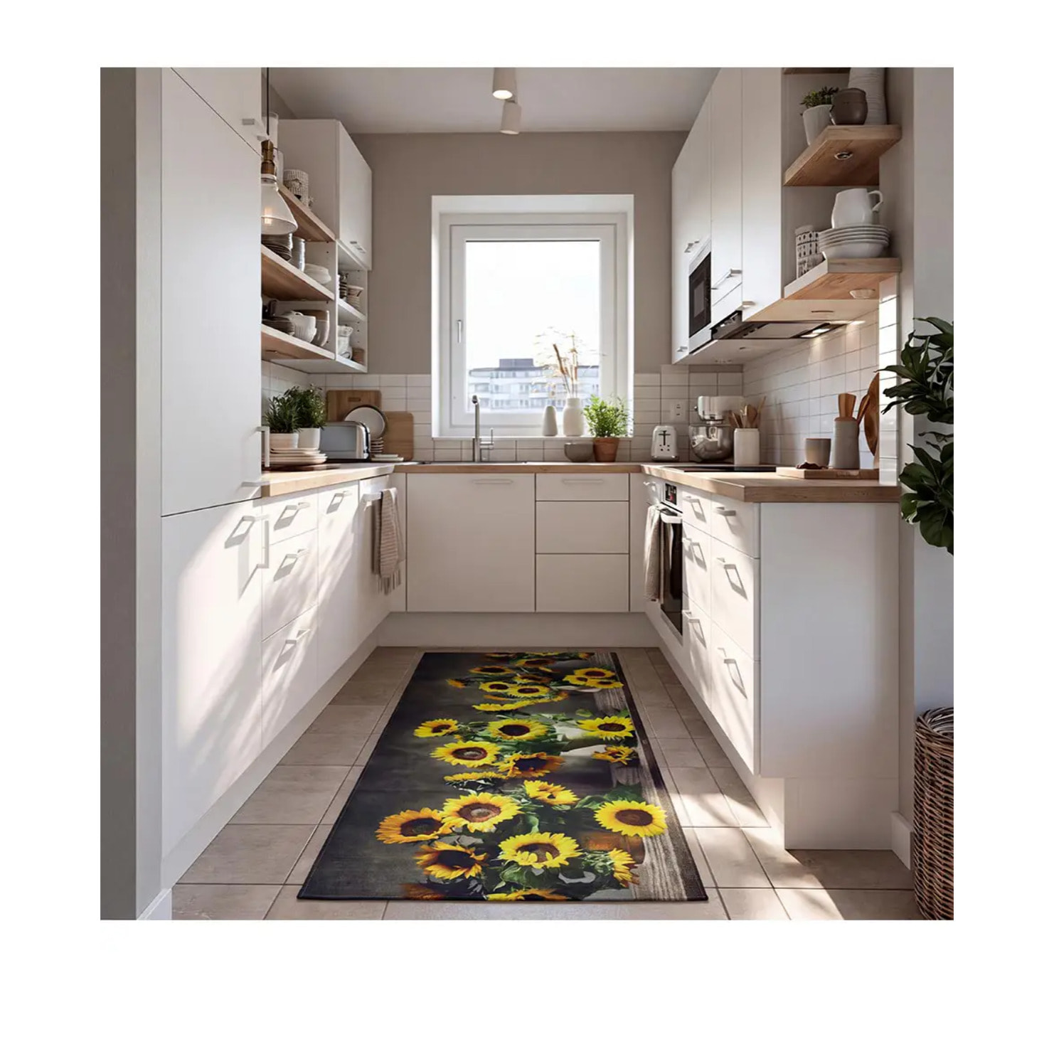 RICCI Alfombra vinílica de cocina diseño con flores en amarillo, varias medidas disponibles.