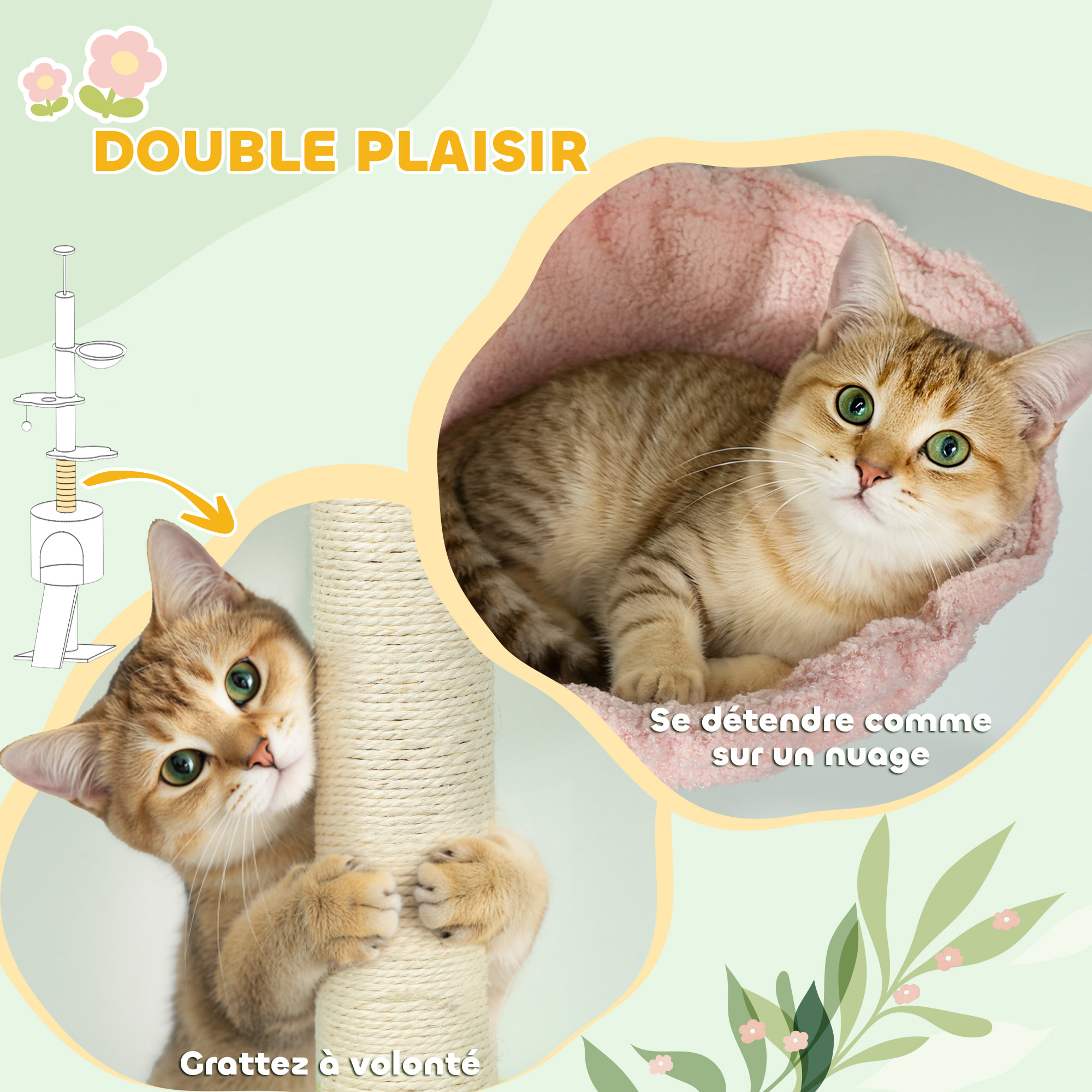 Arbre à chat du sol au plafond réglable H.220-240cm - 5 niveaux - griffoirs, grattoir - bouclette vert