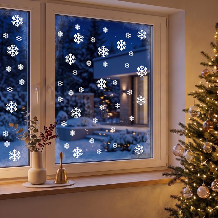 50 Stickers électrostatiques flocons - Autocollants adhésifs fenêtres noël - décoration fêtes