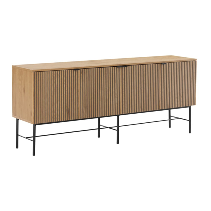 SCOTT - Buffet 4 portes décor effet bois rainuré noir et naturel