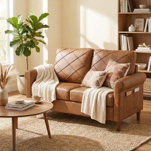 Sofá de 2 Plazas, Sofá Moderno, Tapizado en PU, Cojín Grueso, Respaldo con Costuras, Asiento Amplio, Patas de Madera Maciza para Salón, Dormitorio y Oficina, 134x71x82 cm, Marrón