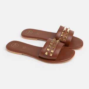 Ciabattina in vera pelle con borchie - TAN