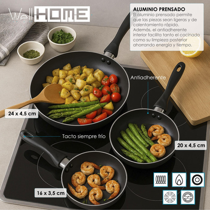 set de 3 sartenes ø16ø20ø24cm de aluminio prensado en gris metalizado + 6 utensilios de cocina en pbt color negro