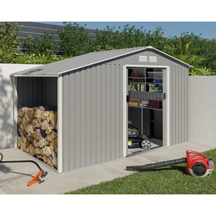 Abri de jardin métal gris châtaigne avec bûcher 6 m² + kit d'ancrage