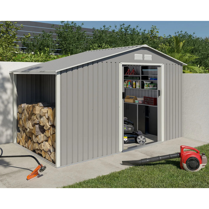 Abri de jardin métal gris châtaigne avec bûcher 6 m² + kit d'ancrage