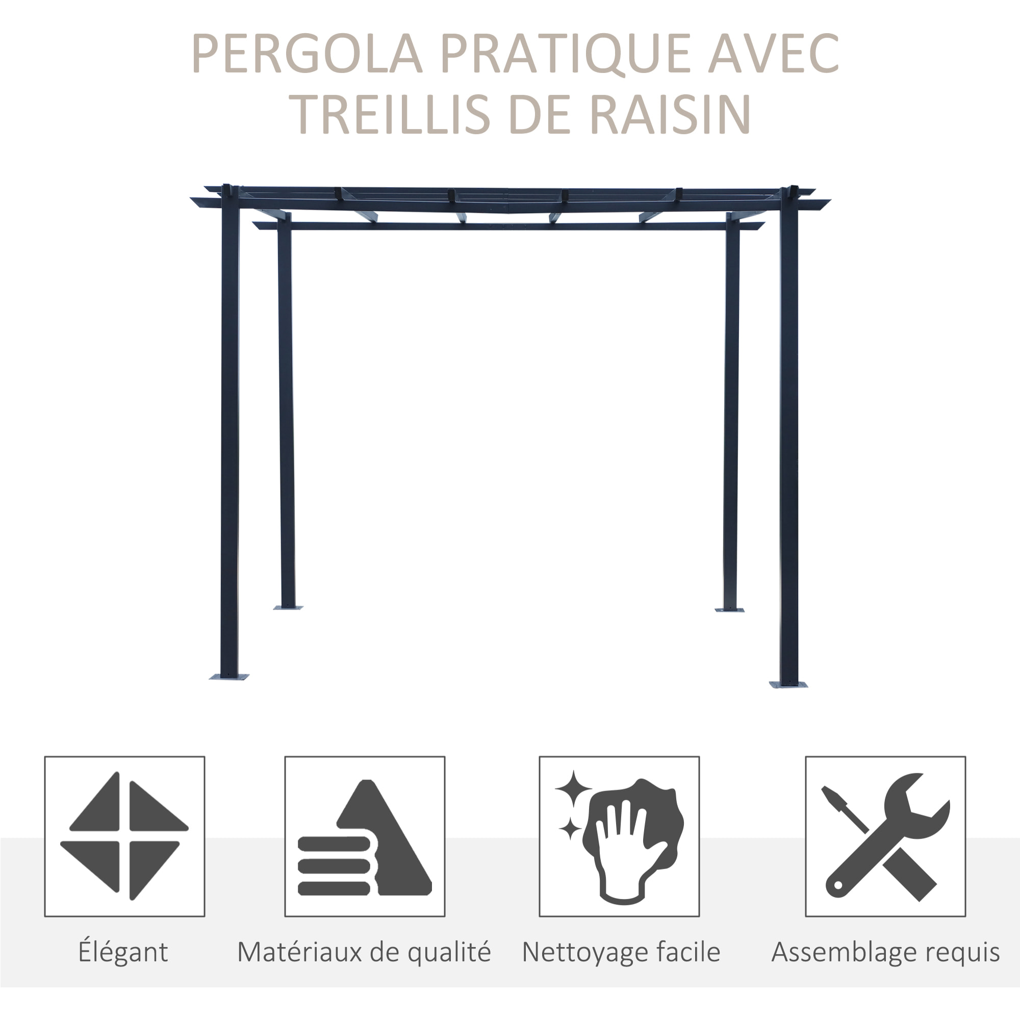 Pergola autoportante style contemporain - toit terrasse à décorer - dim. 3L x 3l x 2,3H m - métal époxy anticorrosion noir