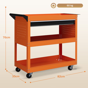 Servante d'atelier chariot à outils 2 étagères plateau grand tiroir tablette à outils acier orange