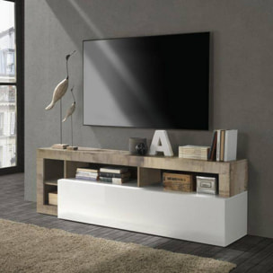 Mobile da soggiorno porta TV moderno con scaffali, Credenza bassa con anta a ribalta, Made in Italy, cm 184x58xh42, colore Bianco e Pero