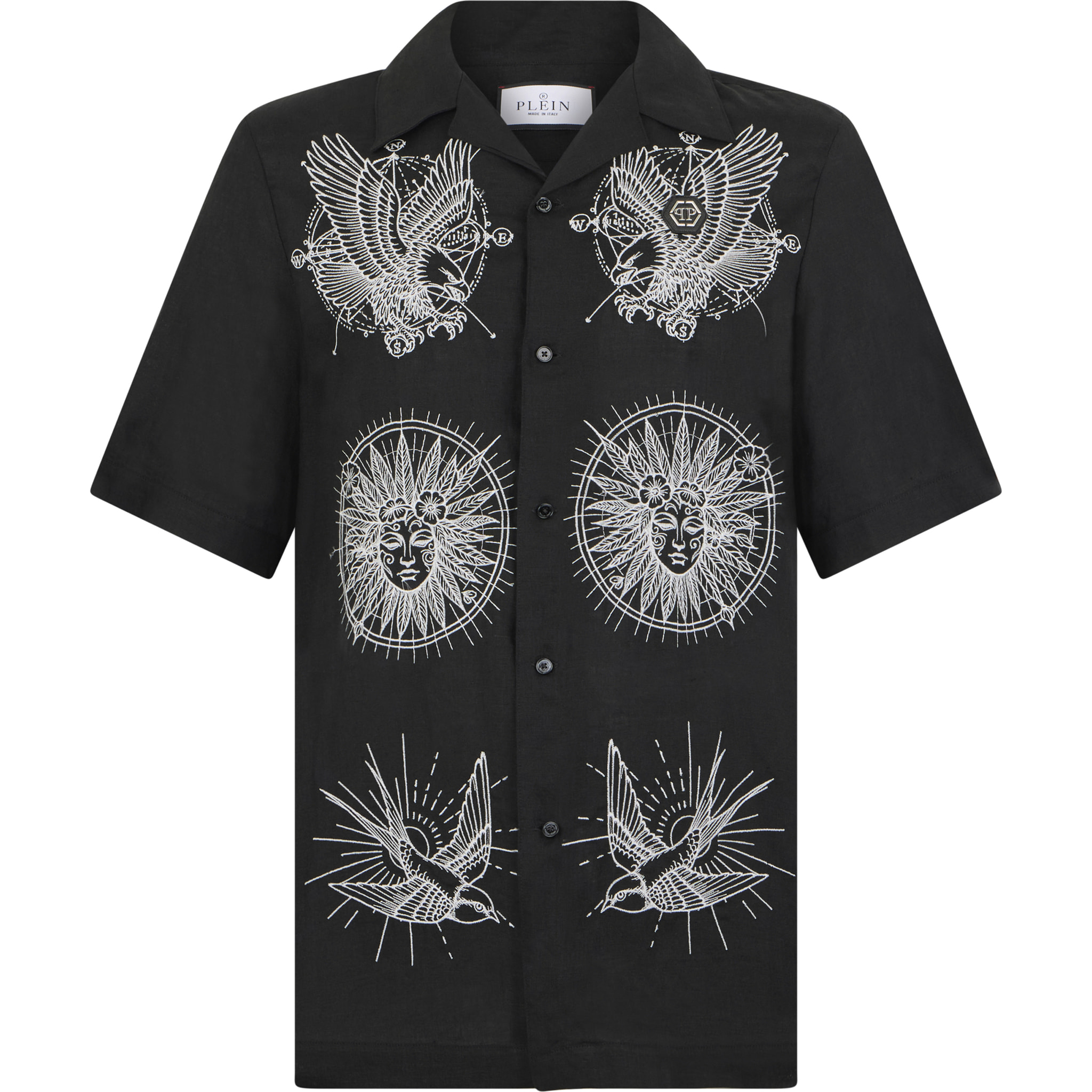 PHILIPP PLEIN Linen Bowling Shirt Tattoo Embroidery