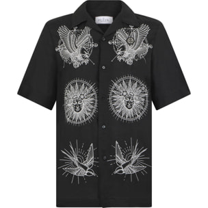 PHILIPP PLEIN Linen Bowling Shirt Tattoo Embroidery