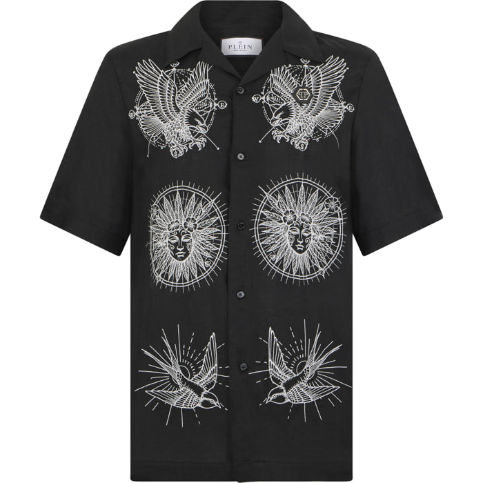 PHILIPP PLEIN Linen Bowling Shirt Tattoo Embroidery