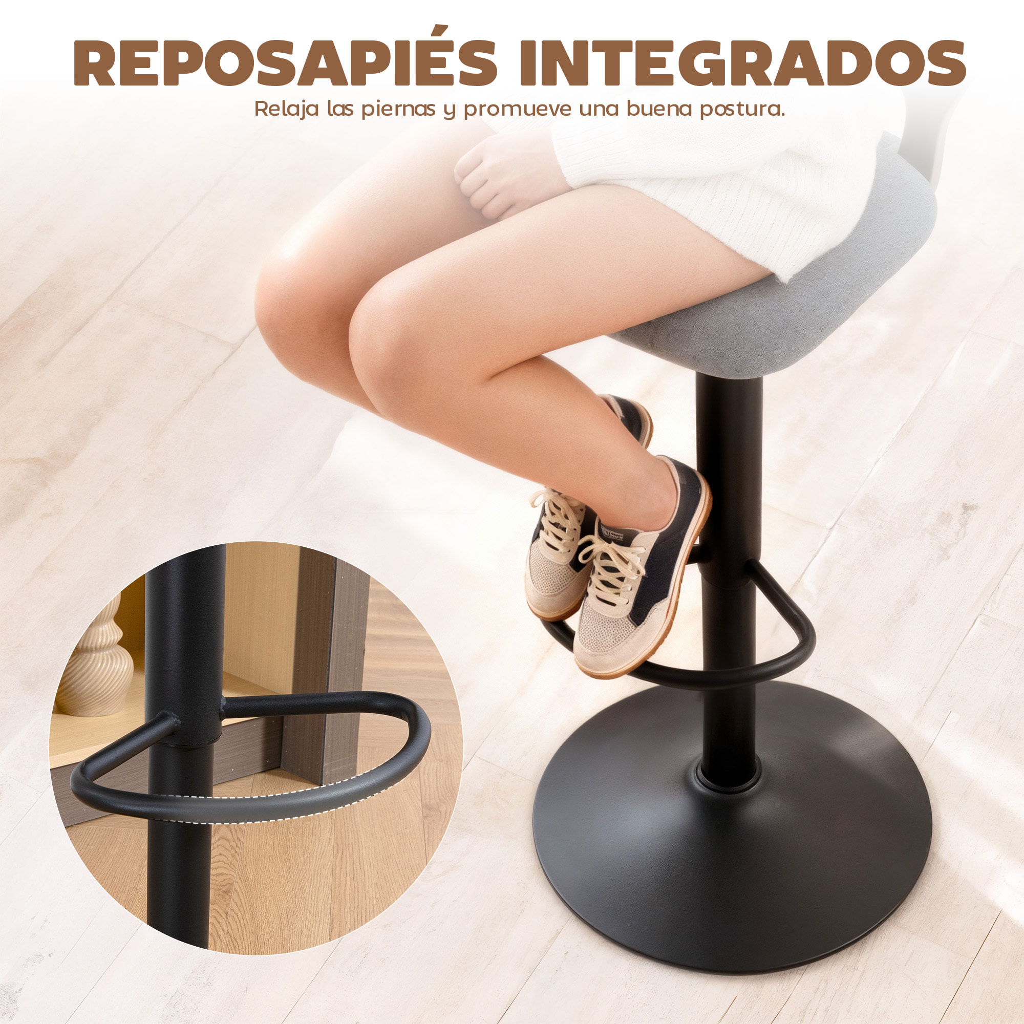 Juego de 2 Taburetes Altos de Cocina Giratorios en 360°, Taburetes de Bar Regulables en Altura de 84-105 cm, Respaldo Hueco, Reposapiés, para Comedor, Mostrador, Gris