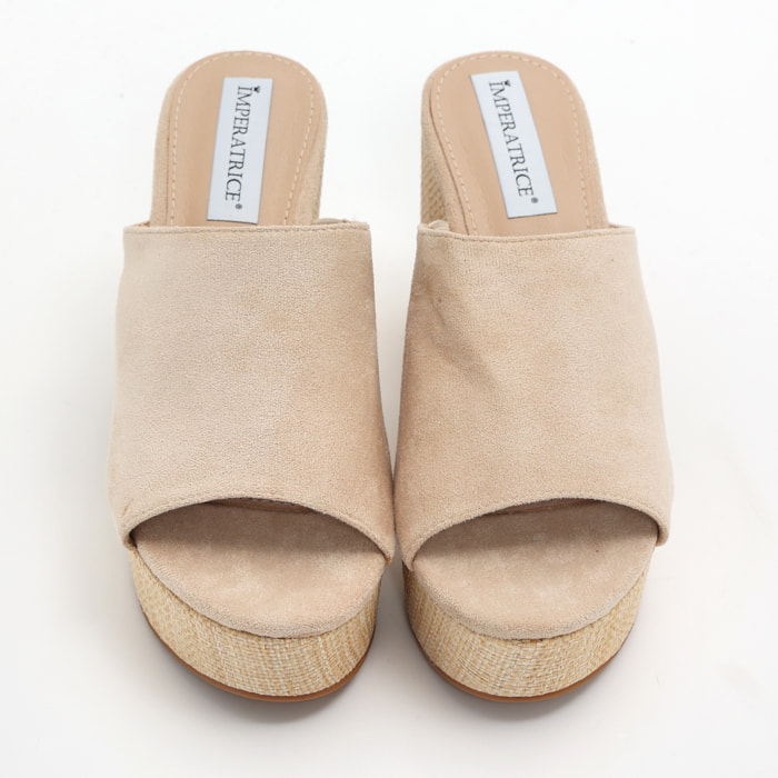 Sandali platform in simil camoscio con tacco in rafia