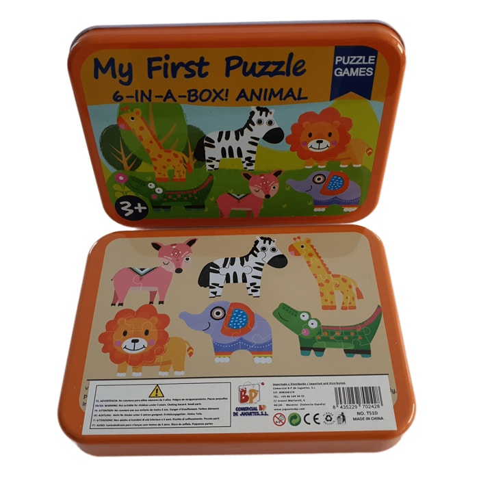 PUZLES MÚLTIPLES 6 EN 1: ANIMALES DE LA SELVA 3 a 6pcs/puzle (CAJA METÁLICA)