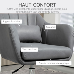Fauteuil lounge design grand confort coussins lombaires hauteur réglable pivotant 360° piètement métal chromé lin gris