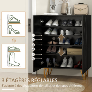 Meuble à chaussures style Art déco 2 portes 5 niveaux piètement épingle acier doré façade laquée noir