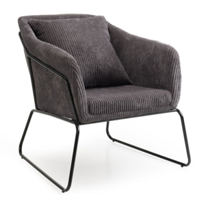 AGATHE - Fauteuil tissu velours cotelé gris anthracite pieds évasés métal
