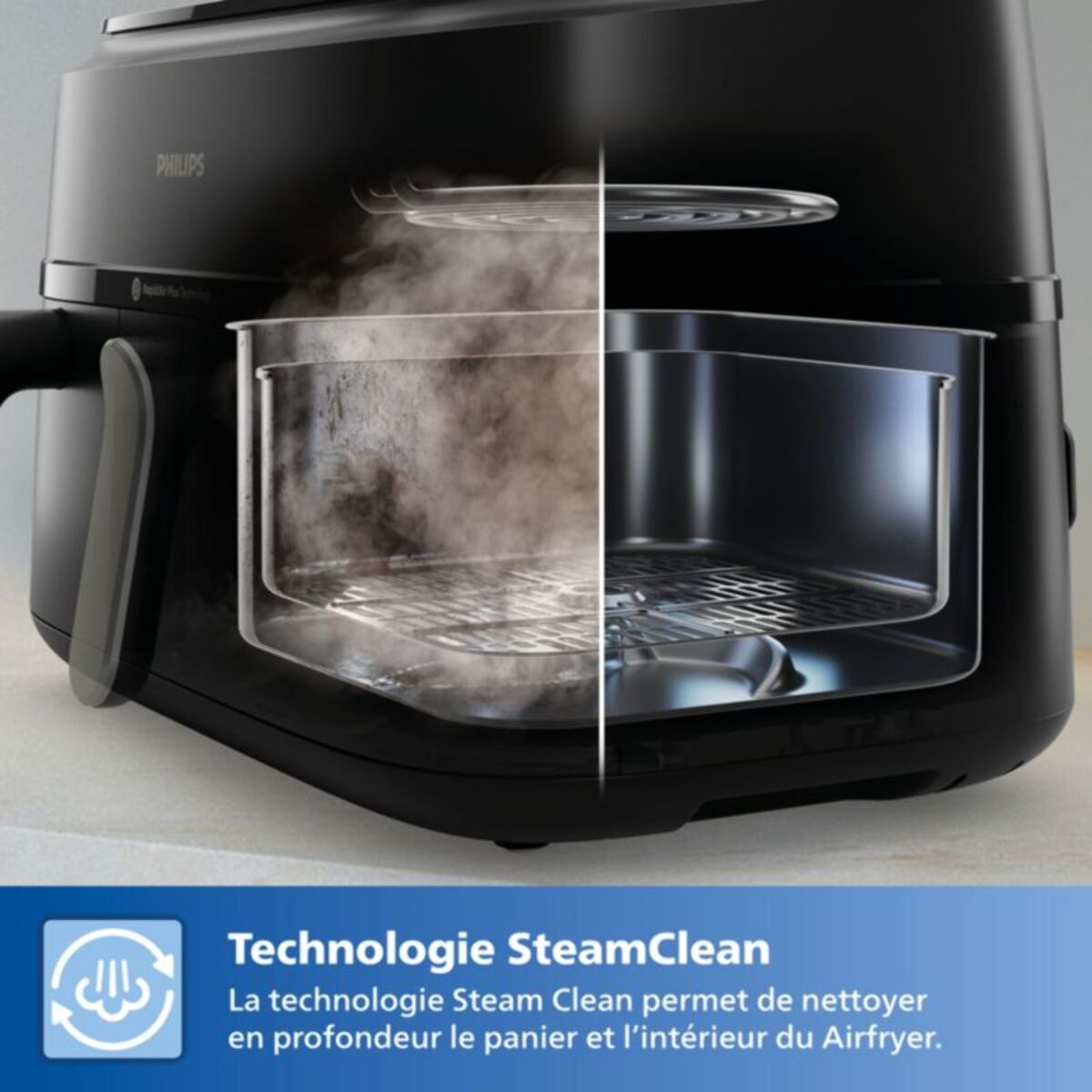 Airfryer PHILIPS NA555/00 friteuse sans huile double panier + vapeur Métal, Série 5000 9L (3+6L)