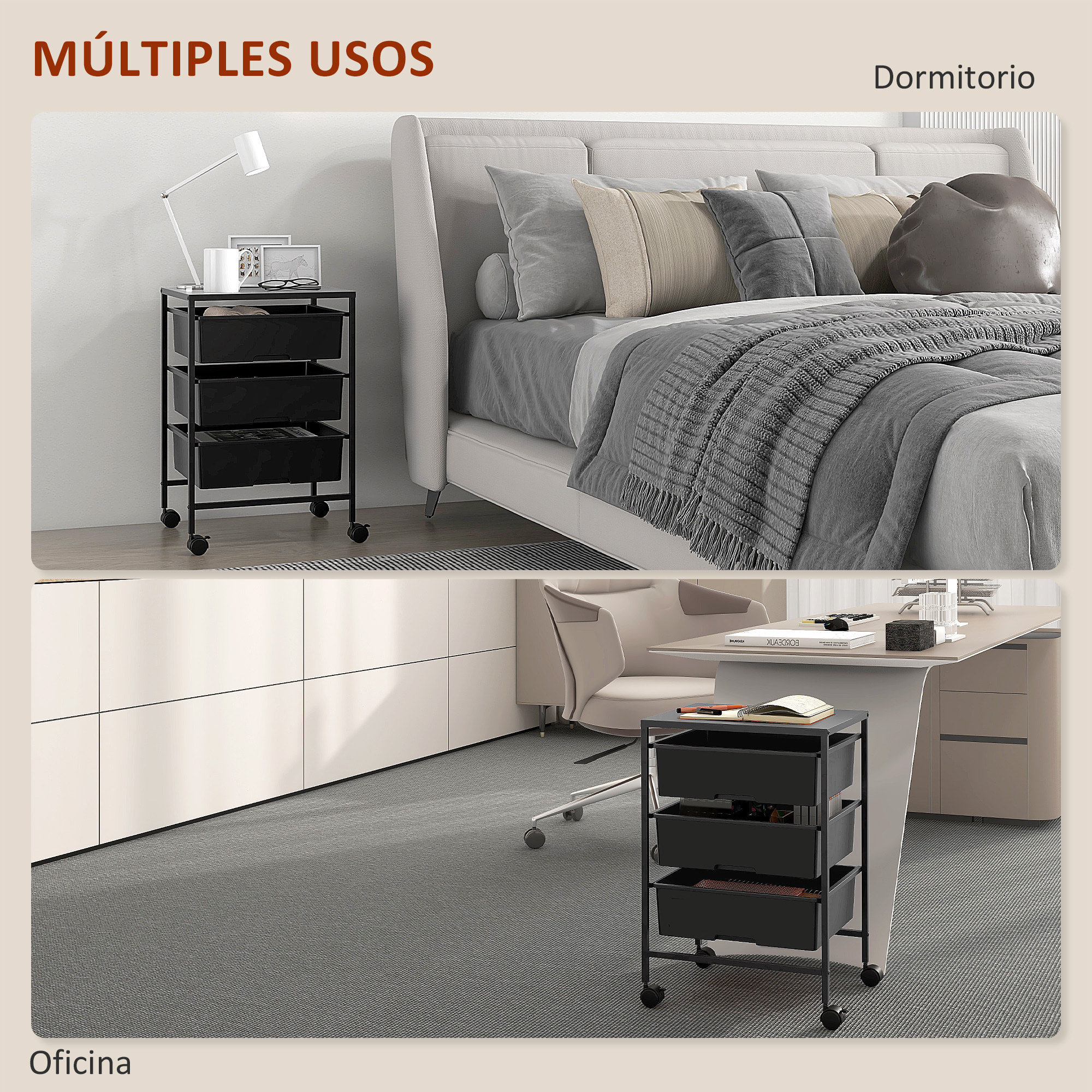 Carrito Auxiliar con Ruedas Carrito de Cocina de 3 Niveles con 3 Cestas para Almacenamiento y Marco de Acero para Comedor Sala Baño 40,8x33,5x60,5 cm Negro