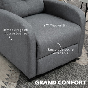 Fauteuil de relaxation grand confort dossier inclinable repose-pied ajustable tissu gris