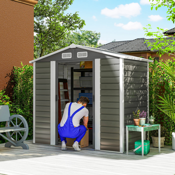 Caseta de Jardín Exterior 2,36m² 213x120x194 cm Cobertizo de Jardín Exterior con Base Refuerzo (Suelo NO Incluido) Puertas Correderas Dobles Candado Ventanas Gris Oscuro