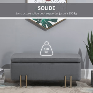 HOMCOM Grand pouf coffre de rangement design contemporain- banc avec espace de rangement - dim. 100L x 40l x 42H cm - velours gris foncé piètement métal doré