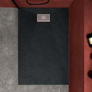 Receveur de douche Noir Effet Pierre 80x120 cm et Grille décor Linéaire en Inox
