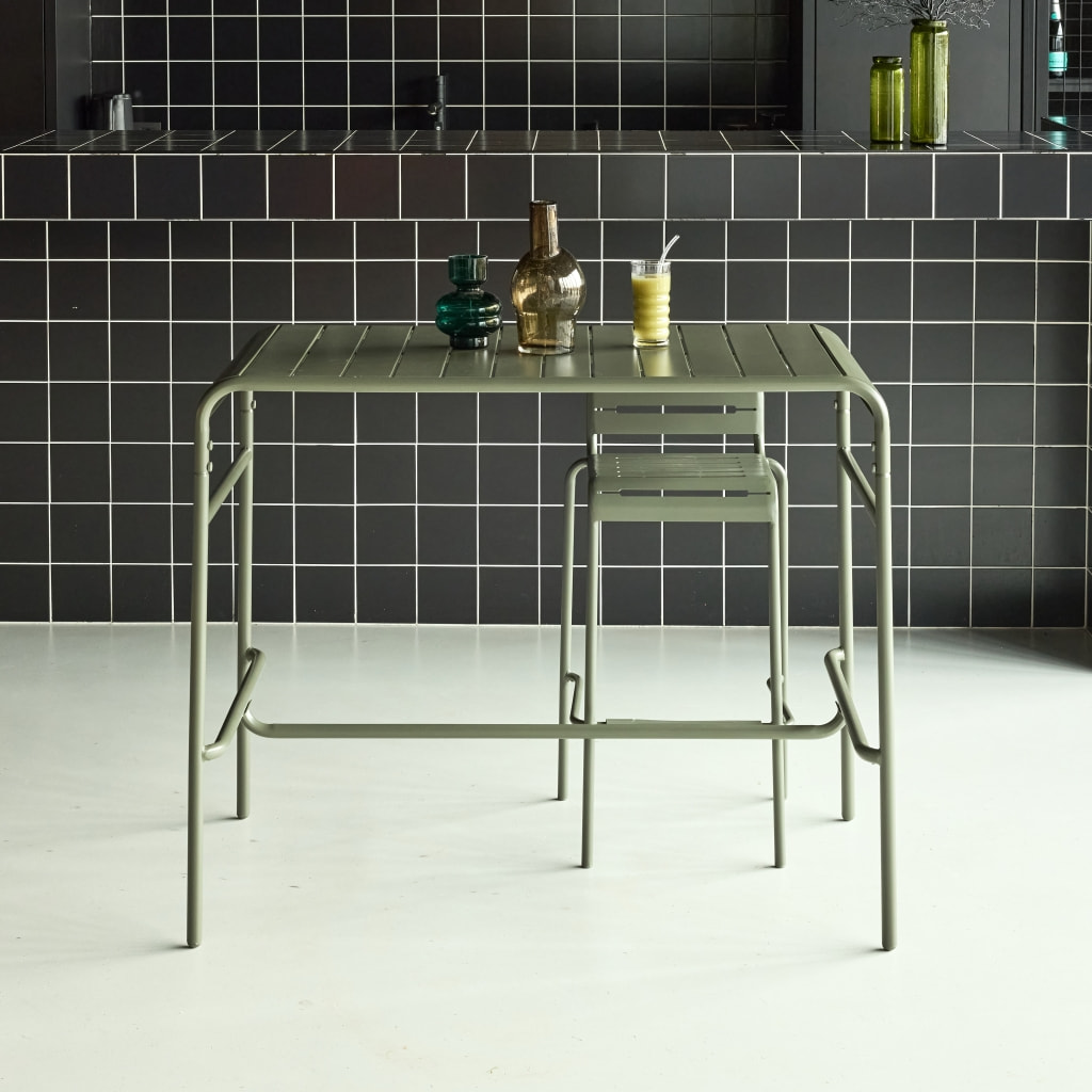 Table haute de jardin métal 4 places. kaki. 120 x 70 x 95cm