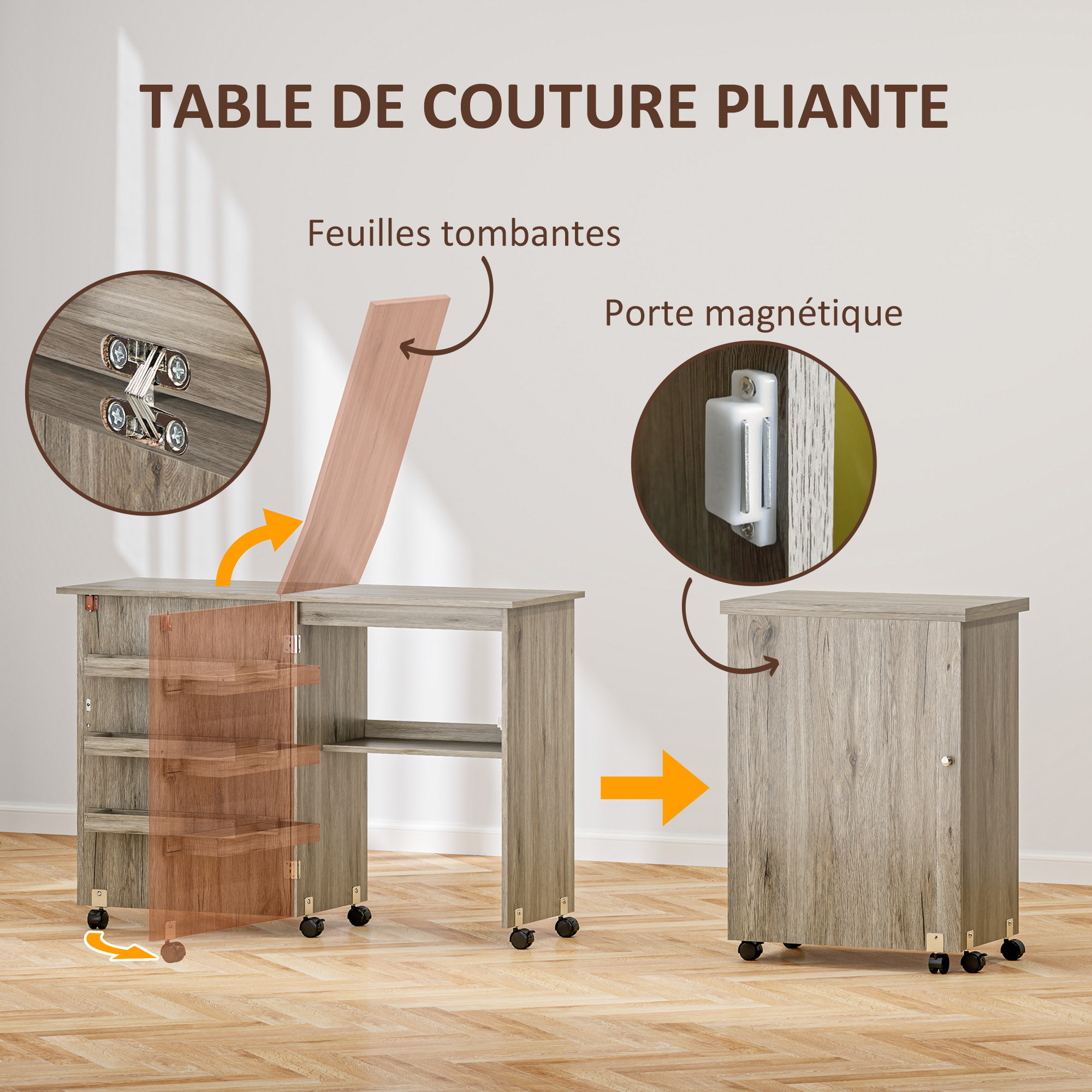 Table de couture pliable sur roulettes - table à rabat - 4 étagères - effet bois gris