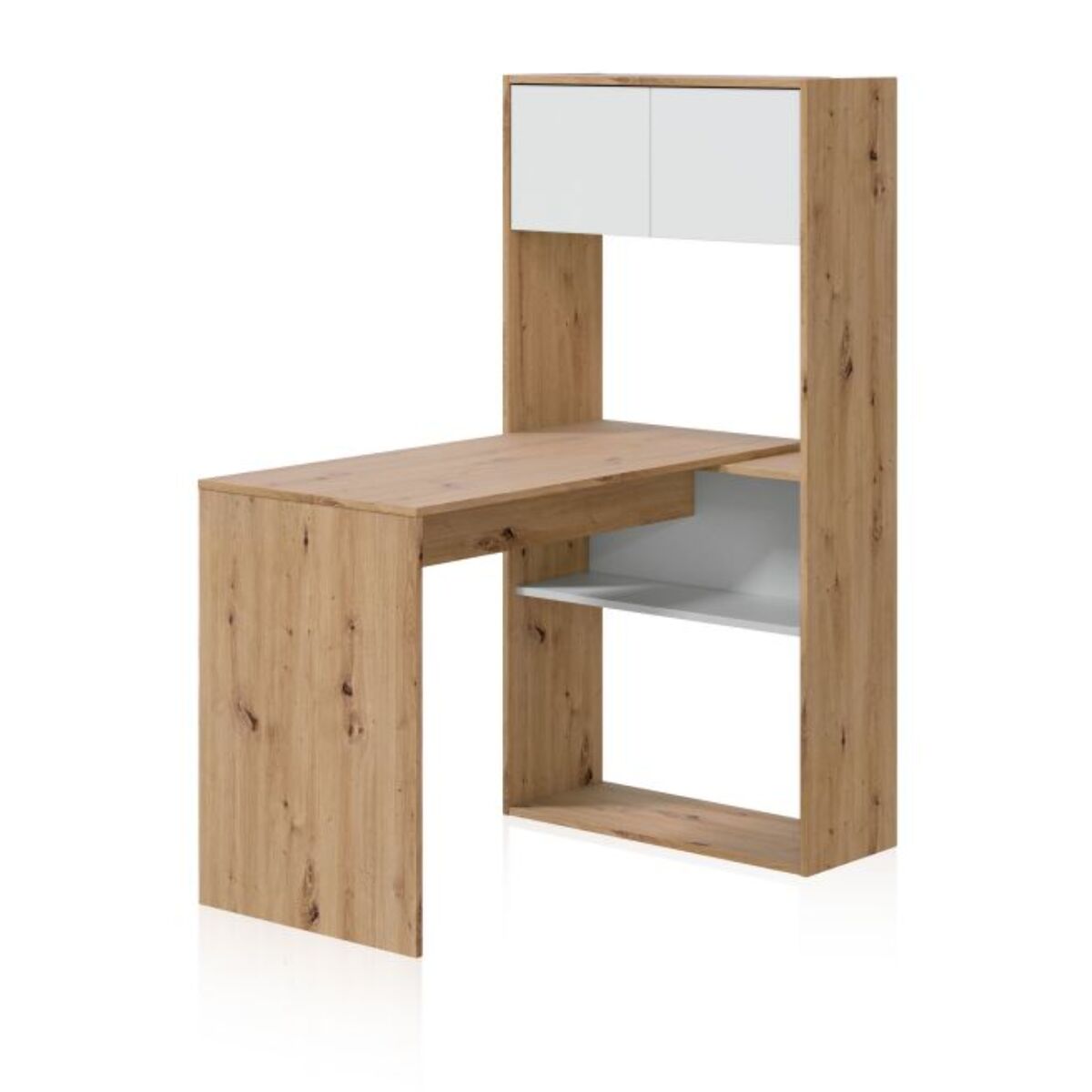 Mesa de escritorio con estantería Dess Blanco Artik (Blanco Mate) - Roble Nodi