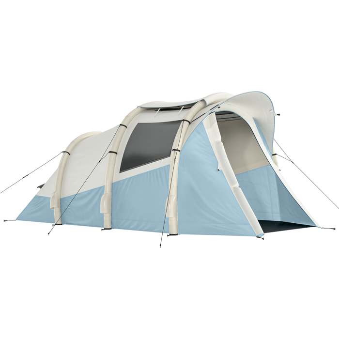 Tienda de Campaña Inflable Glamping Tipo Túnel para 2–3 Personas con Bomba 2 Habitaciones Puerta Ventanas Bolsa para 3 Estaciones Montaje Rápido Tela Oxford 210D Impermeable 3000+ Azul Claro