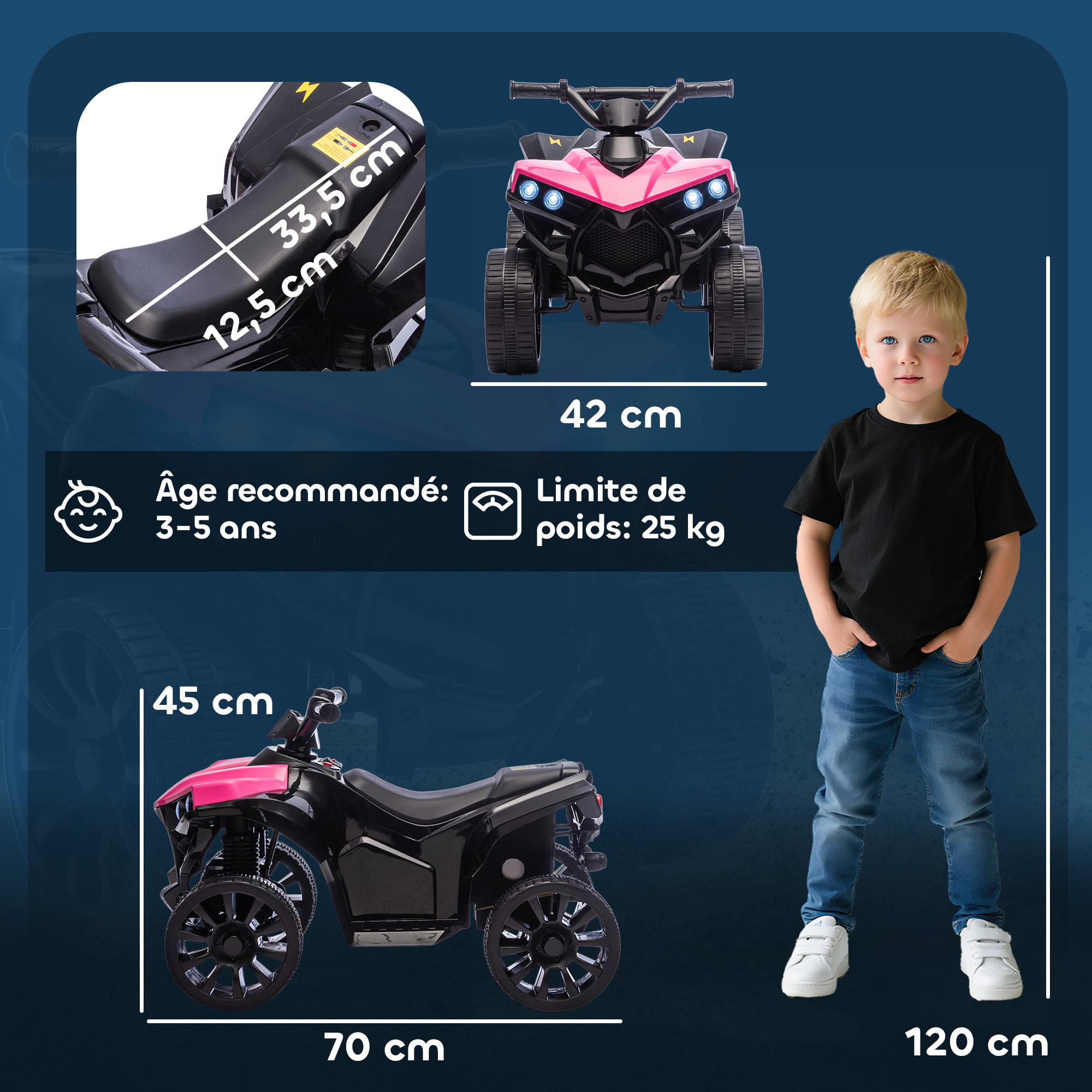 Quad électrique enfant 6V 3Km/h max. phares LED effet sonore marche AV AR rose