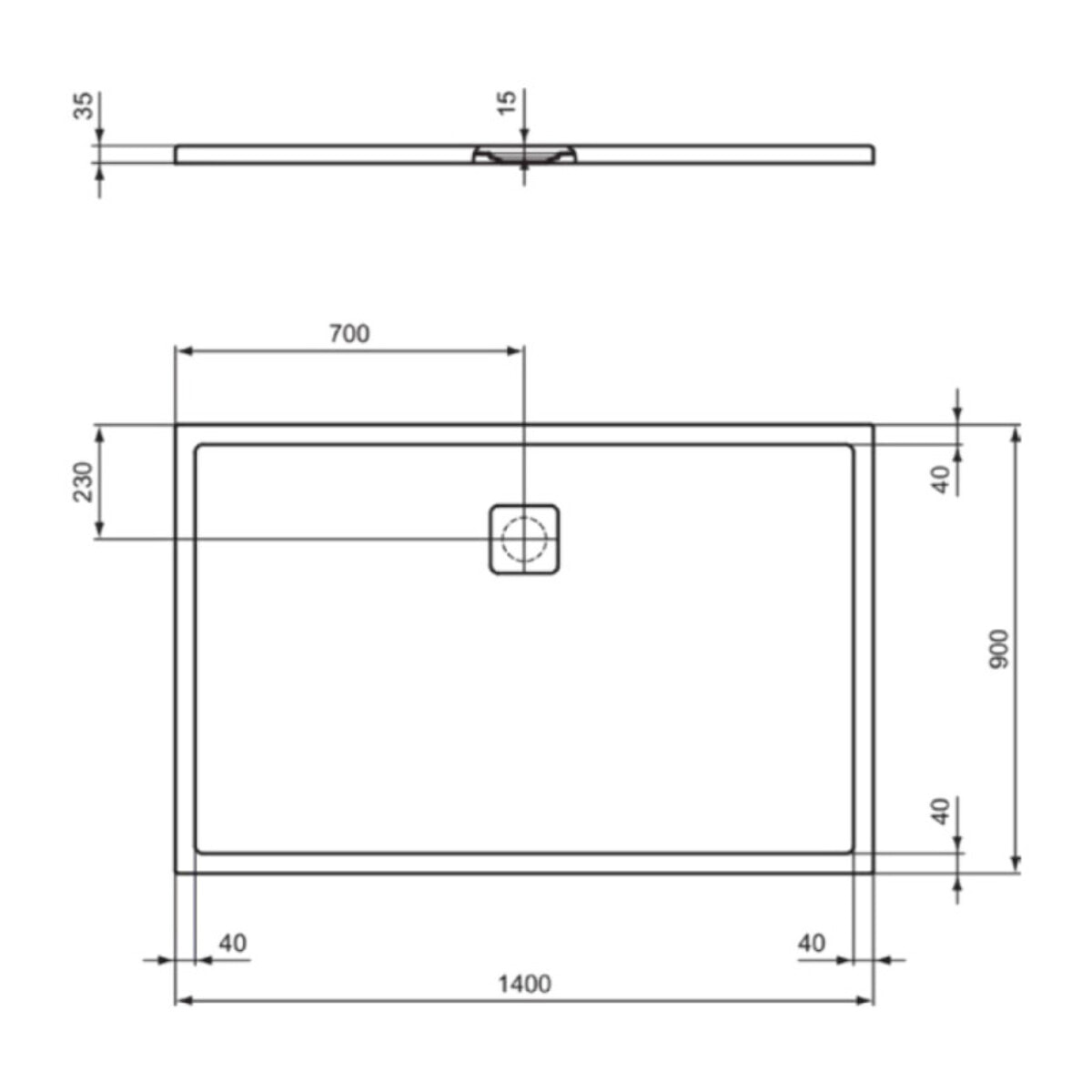 Receveur de douche antidérapant Ultra Flat Evo recoupable avec bonde longueur 140 x 90