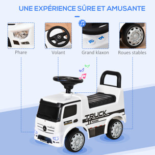 Voiture porteur enfant camion licence Mercedes-Benz Antos 12-36 mois coffre effets lumineux sonores blanc