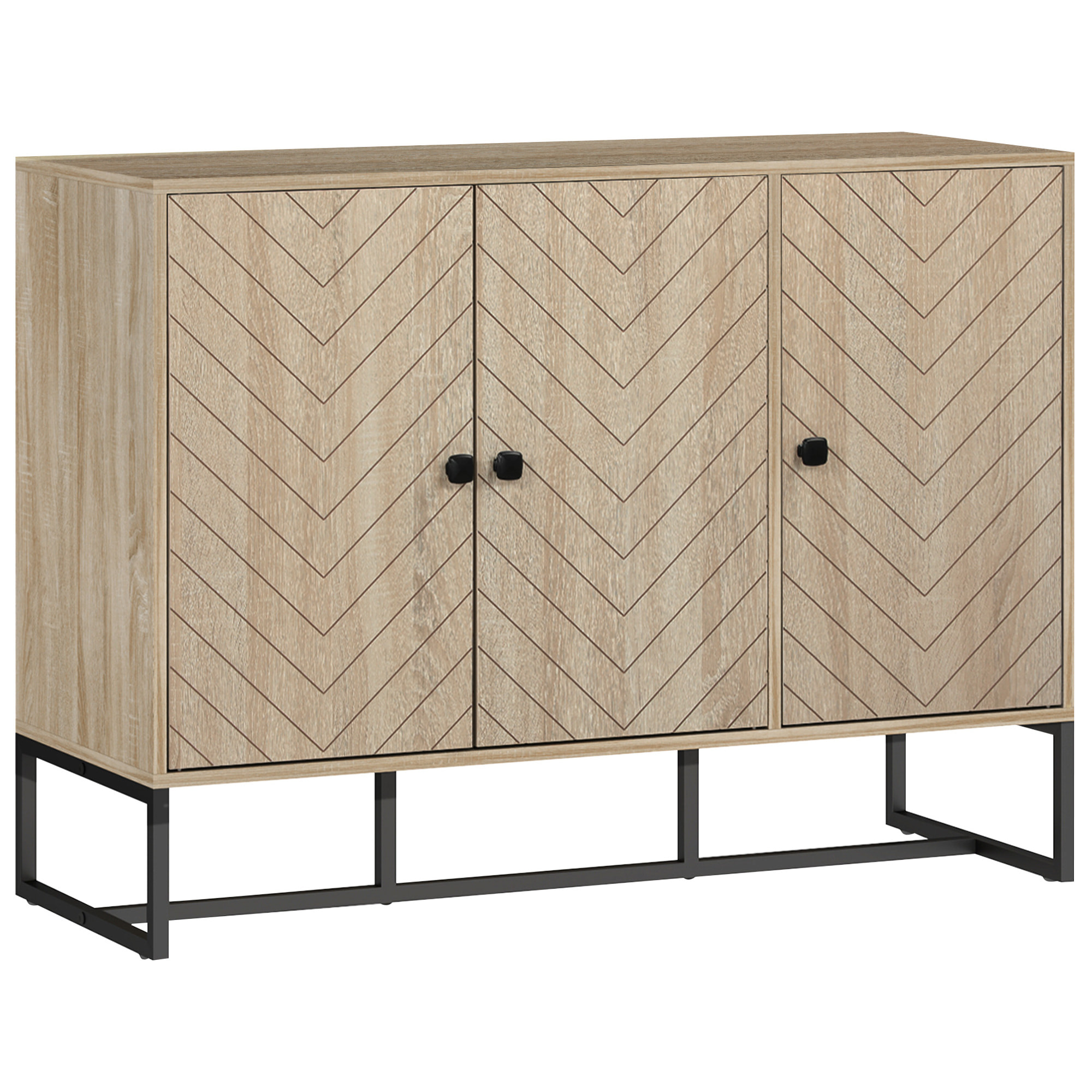 Buffet design motif à chevrons 3 portes 2 étagères dim. 108x40x80cm acier noir effet chêne clair