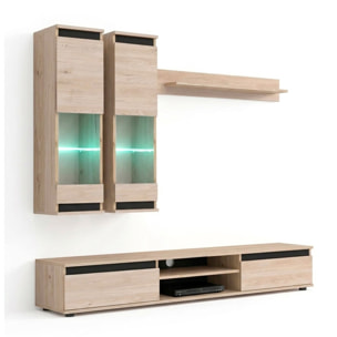 Parete Attrezzata Soggiorno Mobile Tv Vetrine Led Mensola Moderno Living Arredo Contenitore Vani Giorno Resistente 175x150x37 Cm Rovere Chiaro E Nero