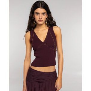 Top de punto con detalles de encaje de mujer