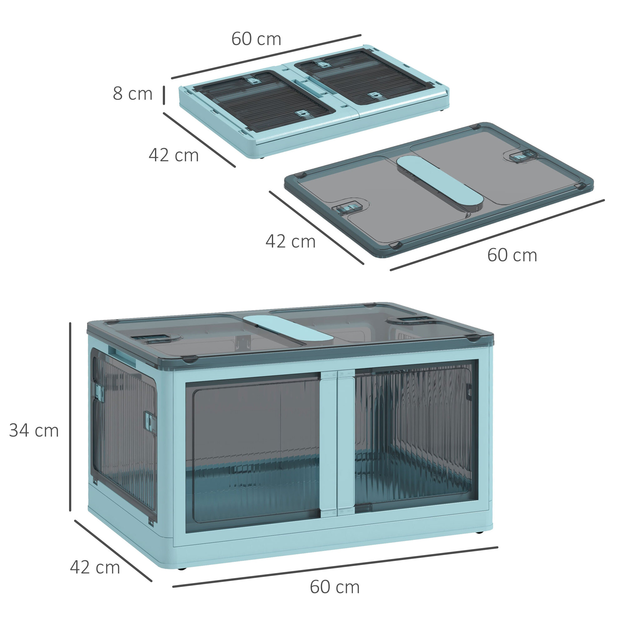 Caja de Almacenamiento Apilable con Tapa 69L Caja Organizadora Plegable con Ruedas Contenedor de Plástico con Acceso a 5 Lados 60x42x34 cm